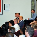 Professor Jonathan Witmer-Rich, Professor Doron Kalir, and Dean Lee Fischer pictured in the audience, along with first-year law students.