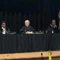 Judge Patricia A. Blackmon, Judge Eileen T. Gallagher, and Judge Anita Laster Mays pictured.  Following the oral argument and informational session with the attorneys, the judges also answered questions from the students.